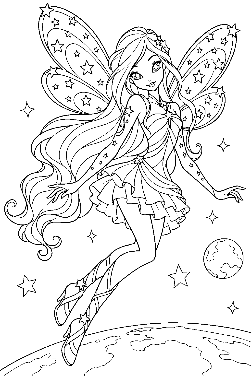 winx club flora in her cosmix fairy outfit flying among stars line art