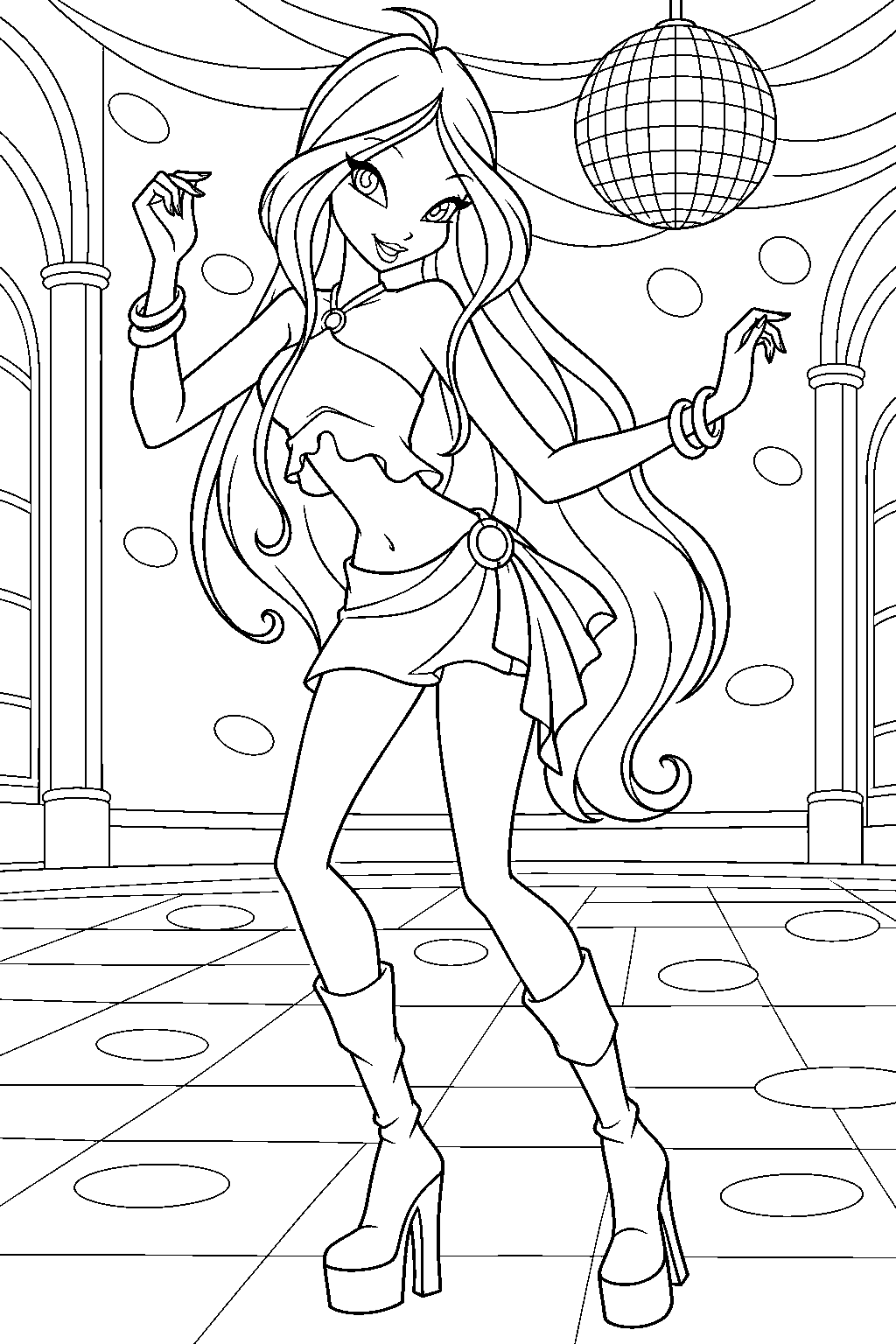 winx club flora in her disco outfit dancing at an alfea party line art