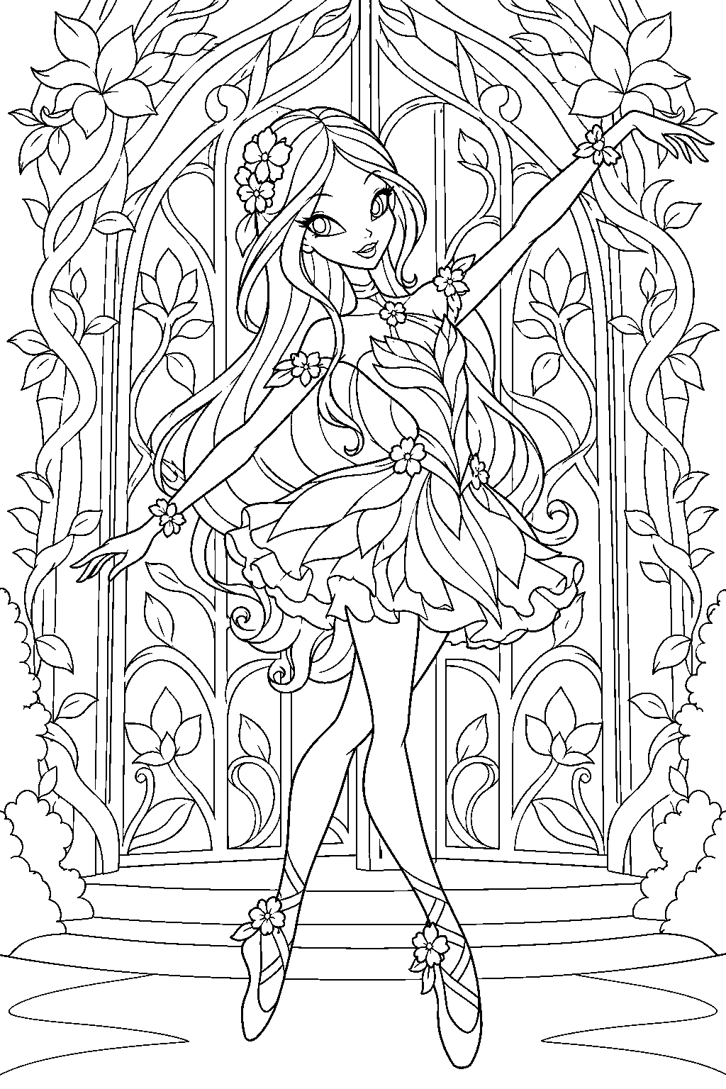 winx club flora in her flower ballet outfit dancing before the door of nature line art