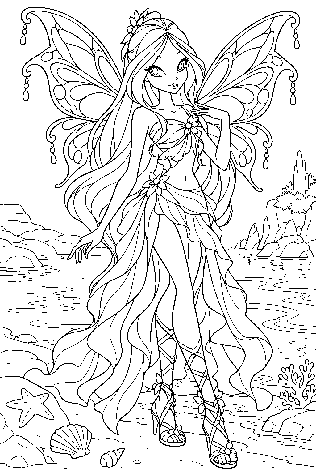 winx club flora in her harmonix fairy dress beside a seaside lagoon line art