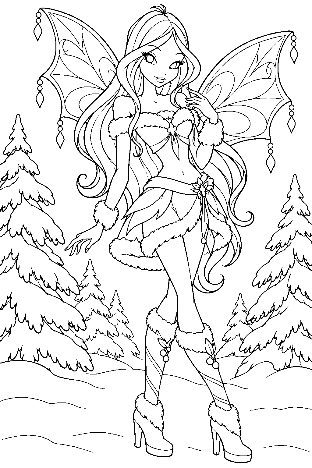 winx club flora in her lovix winter fairy outfit among snowy pine trees line art