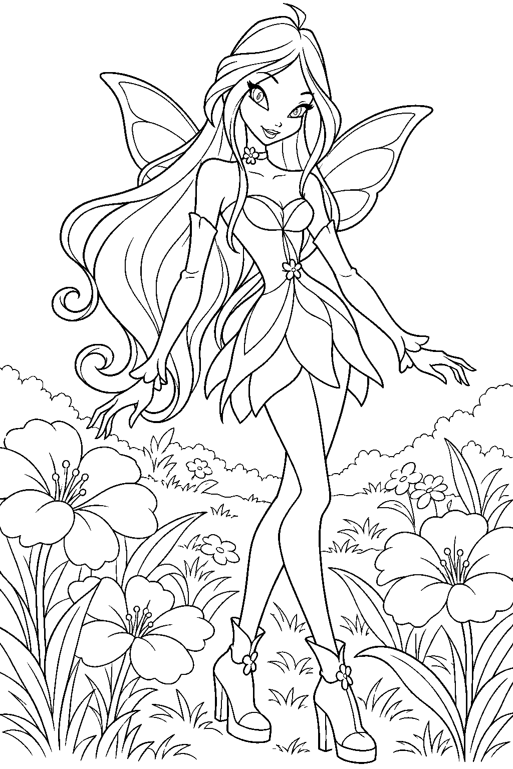 winx club flora in her magic winx fairy outfit in a flower meadow line art