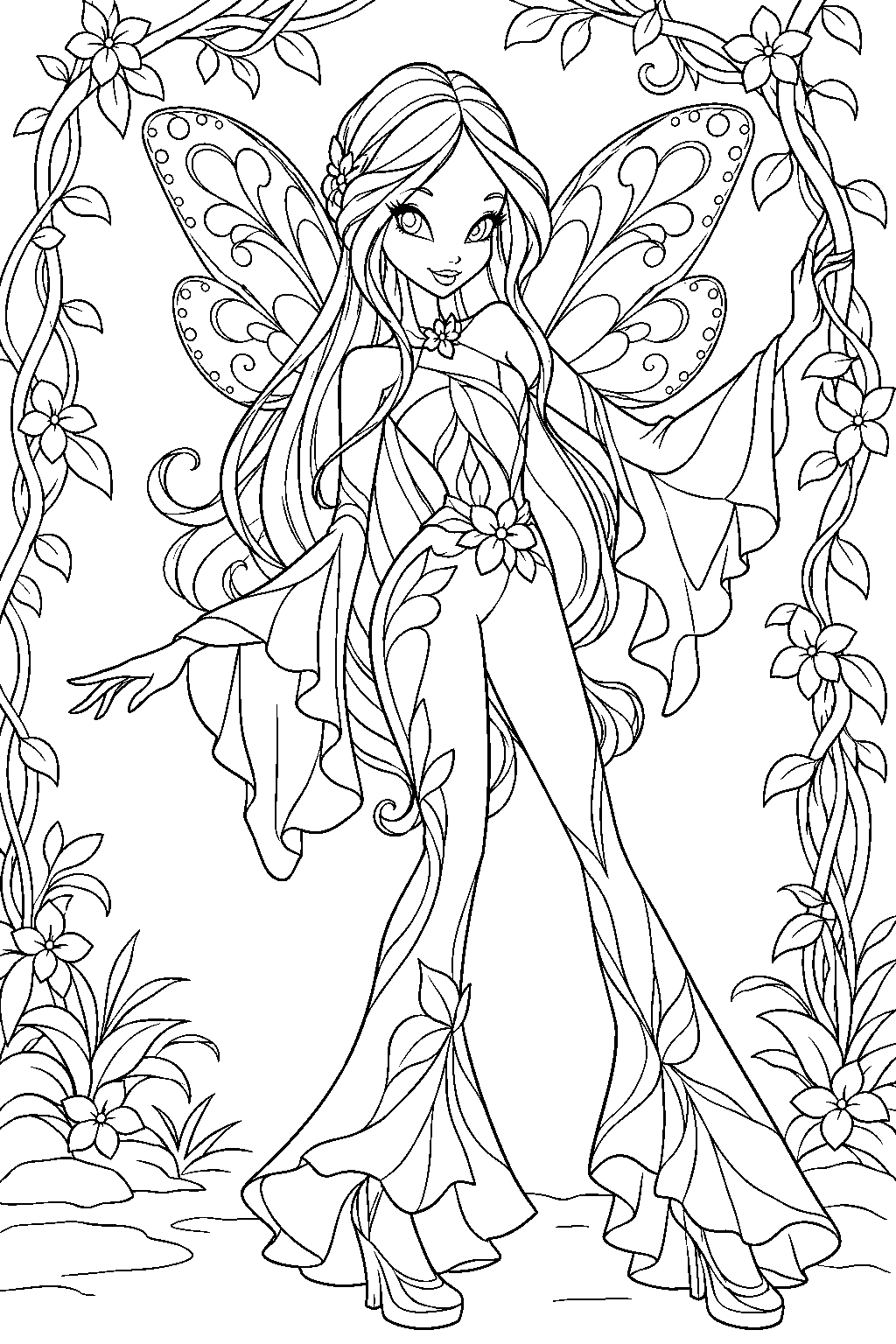 winx club flora in her onyrix floral jumpsuit among enchanted vines line art