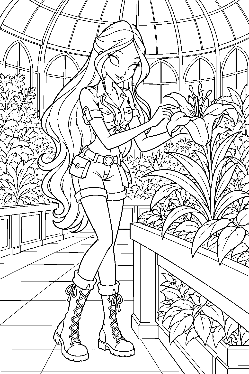 winx club flora in her safari outfit identifying a rare plant in the alfea greenhouse line art