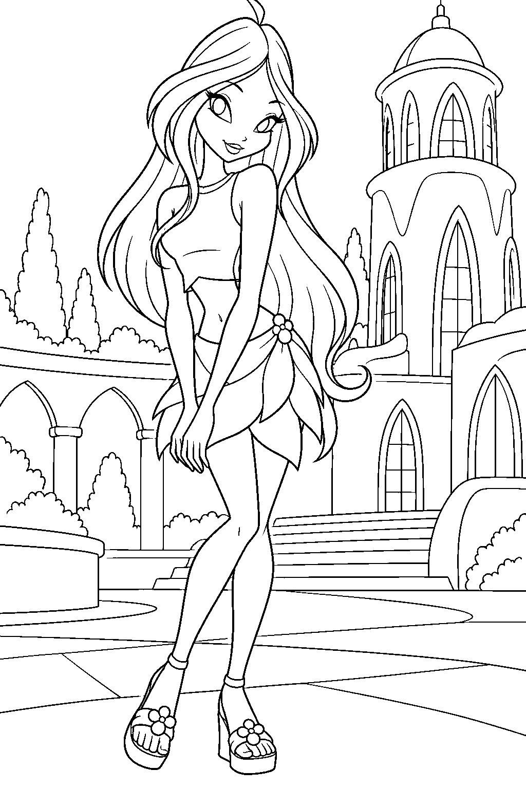 winx club flora in her season 1 everyday outfit in the alfea courtyard line art