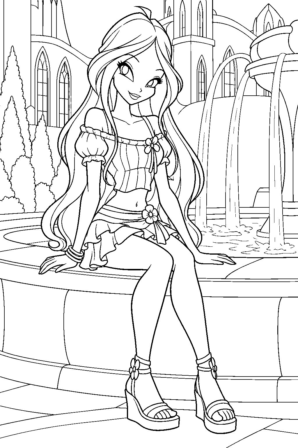 winx club flora in her season 5 casual outfit beside the alfea fountain line art