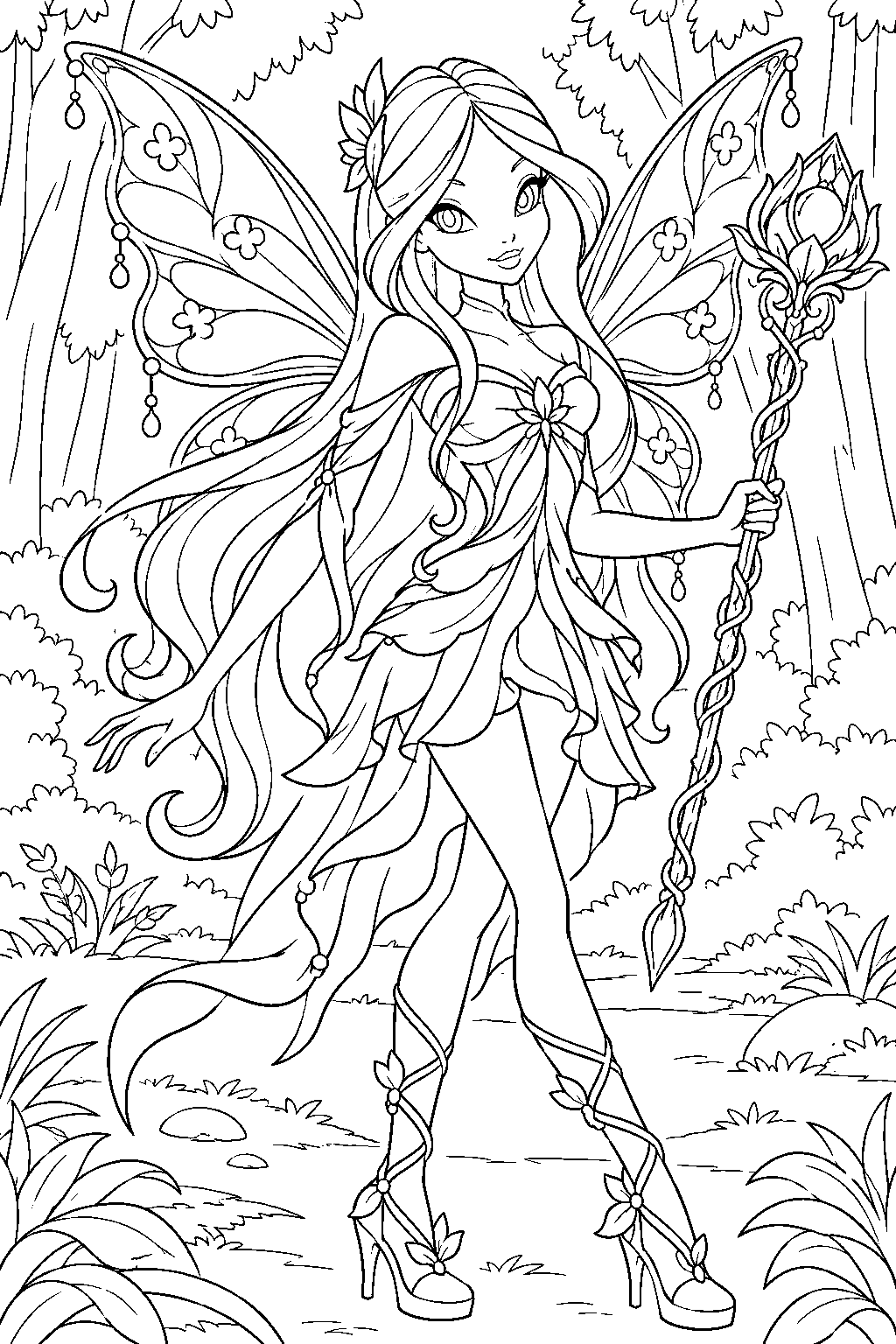 winx club flora in mythix holding her ancestral wand in the legendarium forest line art