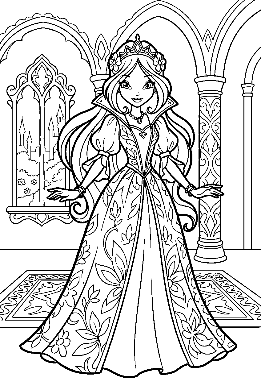 winx club flora in royal palace line art