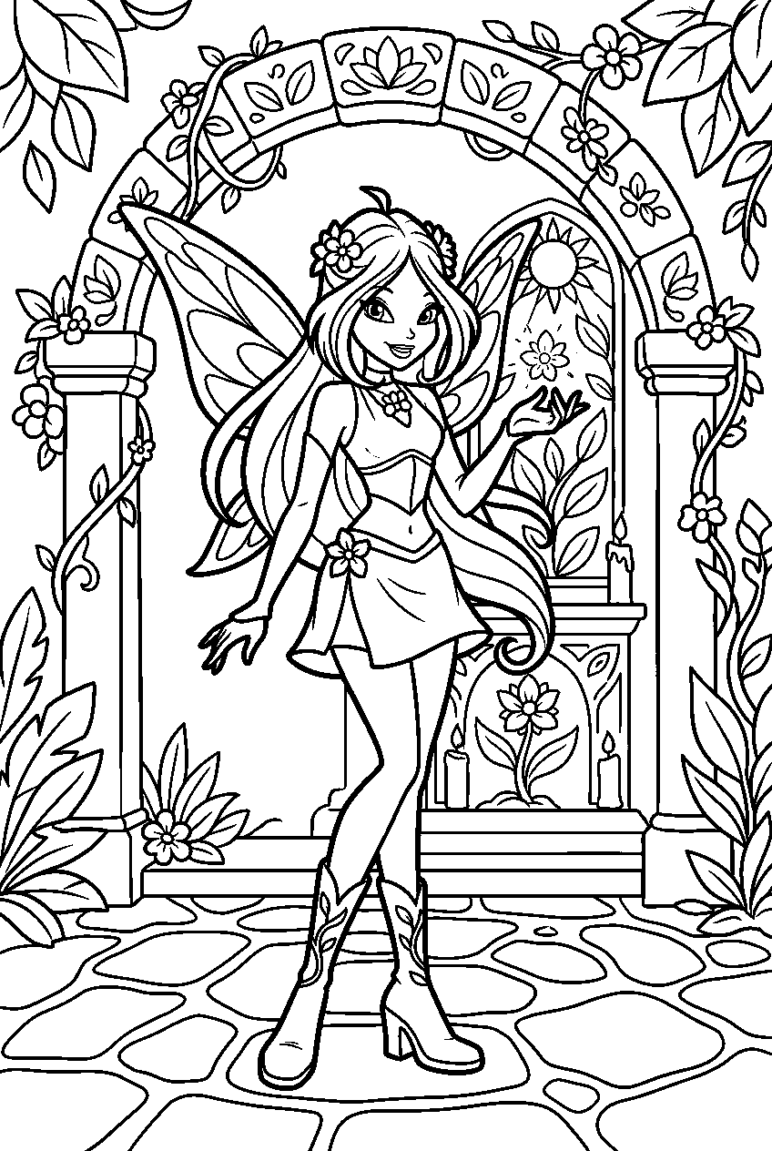 winx club flora in sacred shrine line art