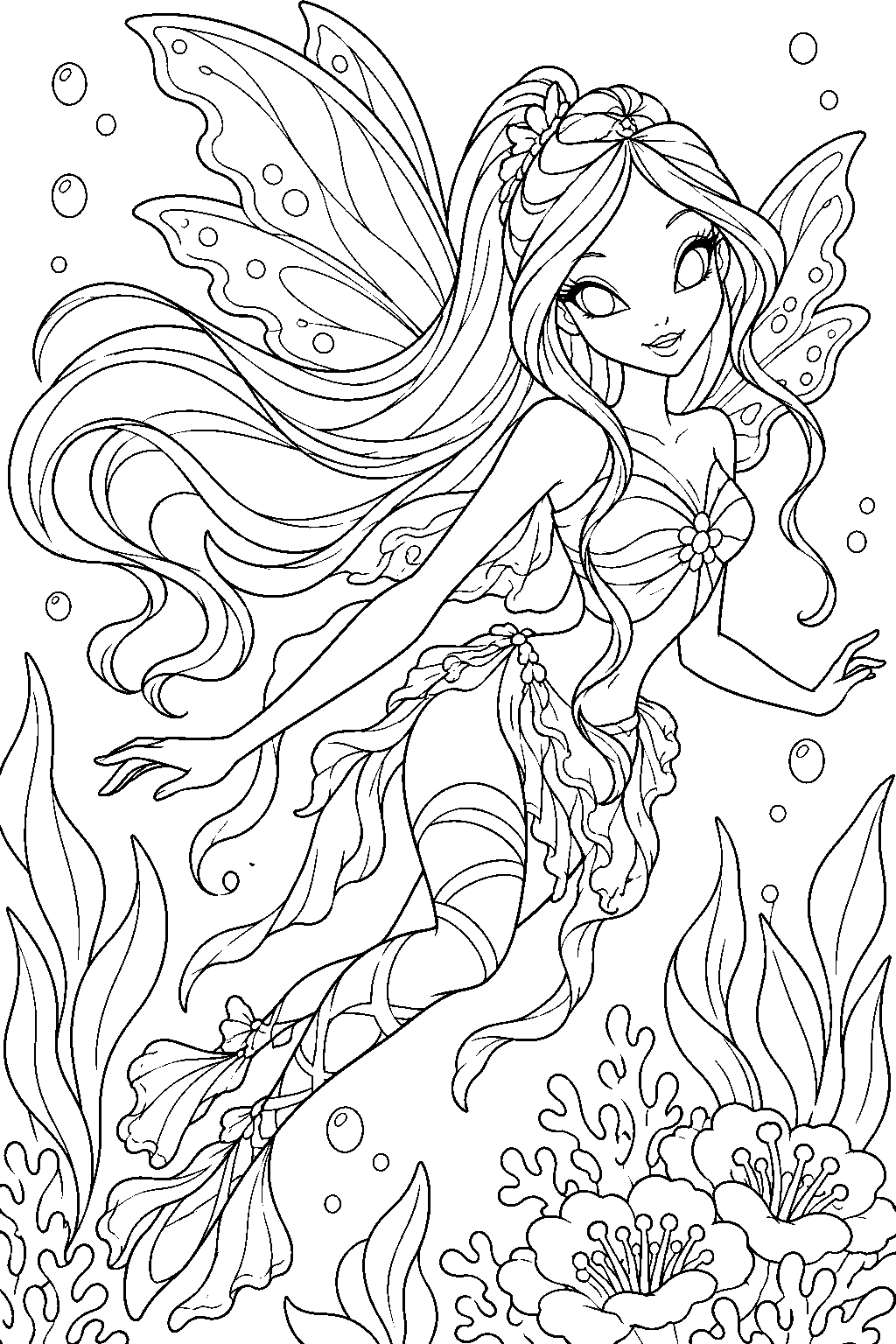winx club flora in sirenix swimming through an underwater garden line art