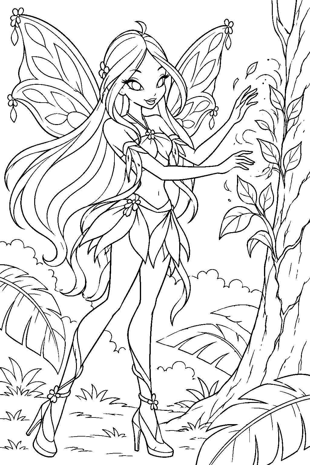 winx club flora in sophix restoring trees in the amazon rainforest line art