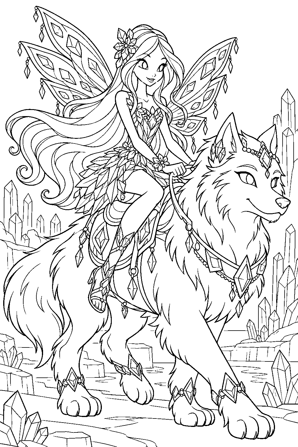 winx club flora in tynix riding amarok through a crystal miniworld line art