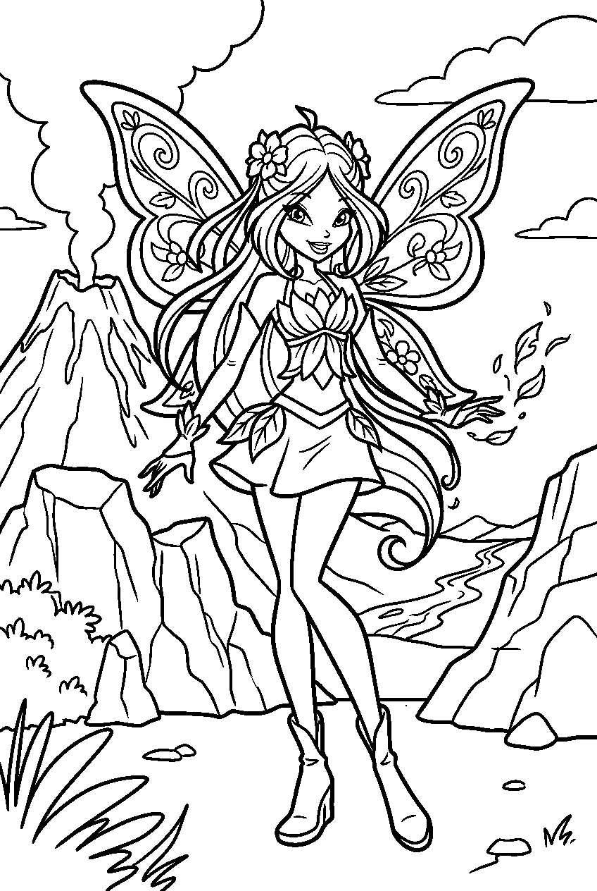 winx club flora in volcano valley line art