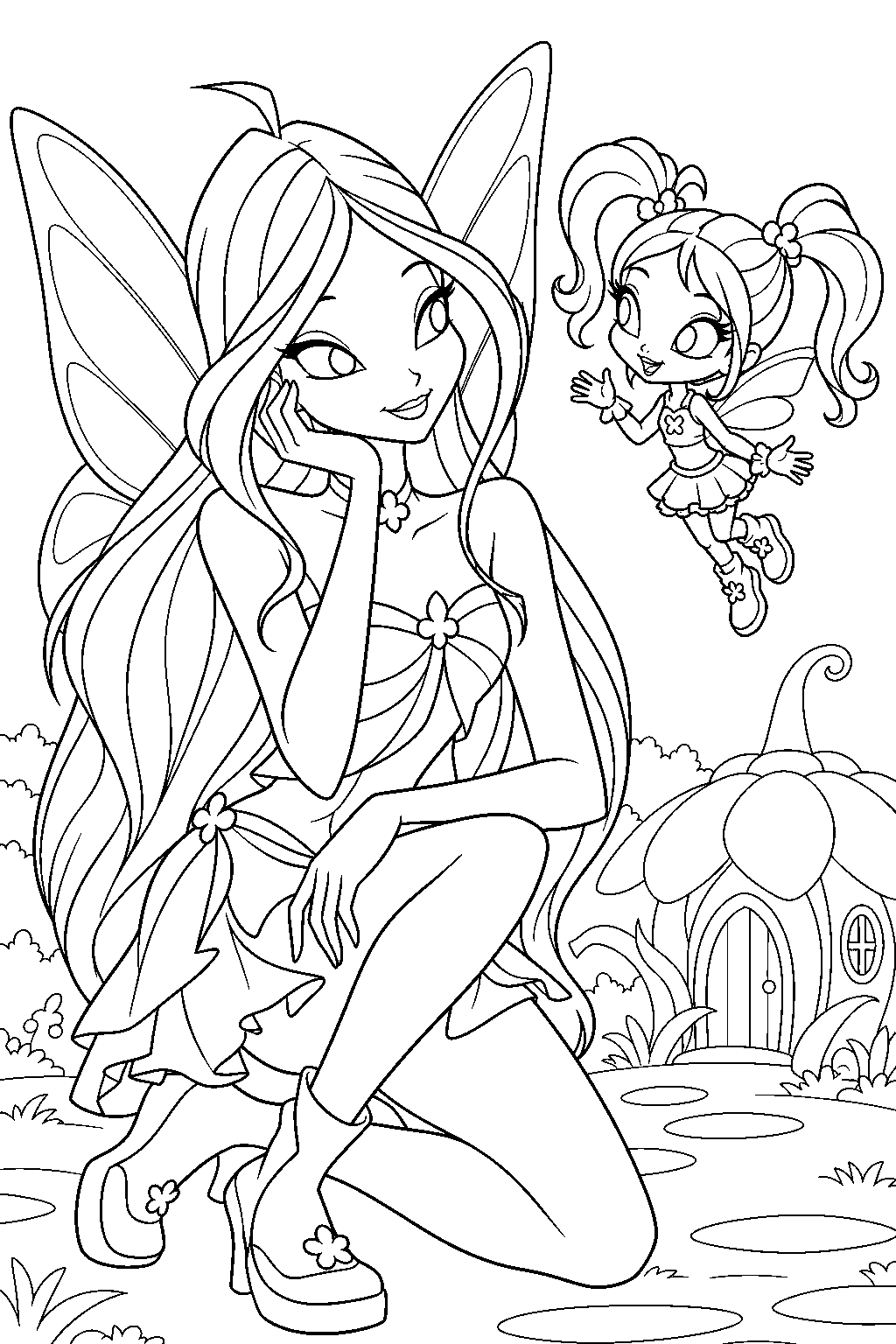 winx club flora listening to chatta in pixie village line art