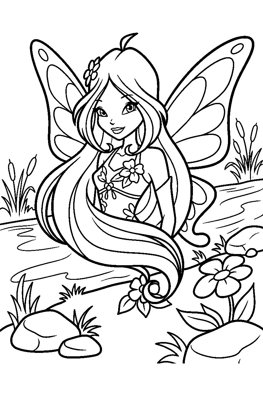 winx club flora on riverbank line art