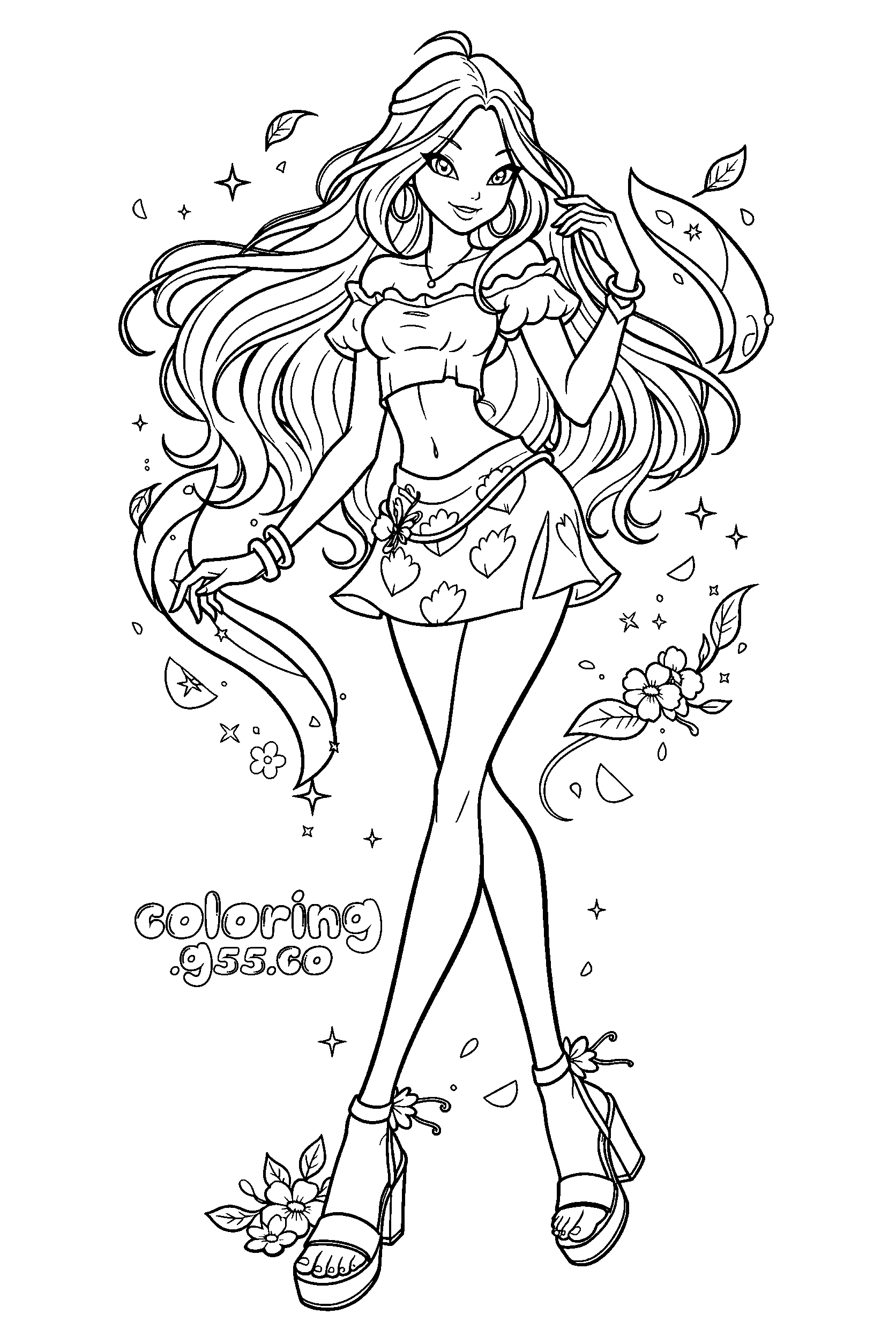winx club flora petal skirt line art for kids