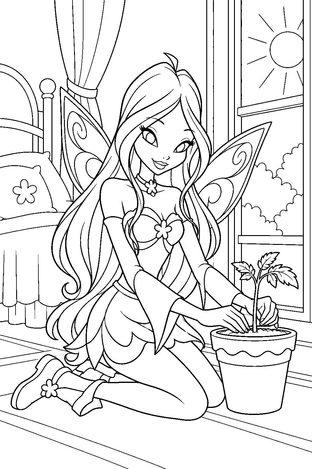 winx club flora planting a tomato seedling beside a sunny bedroom window line art