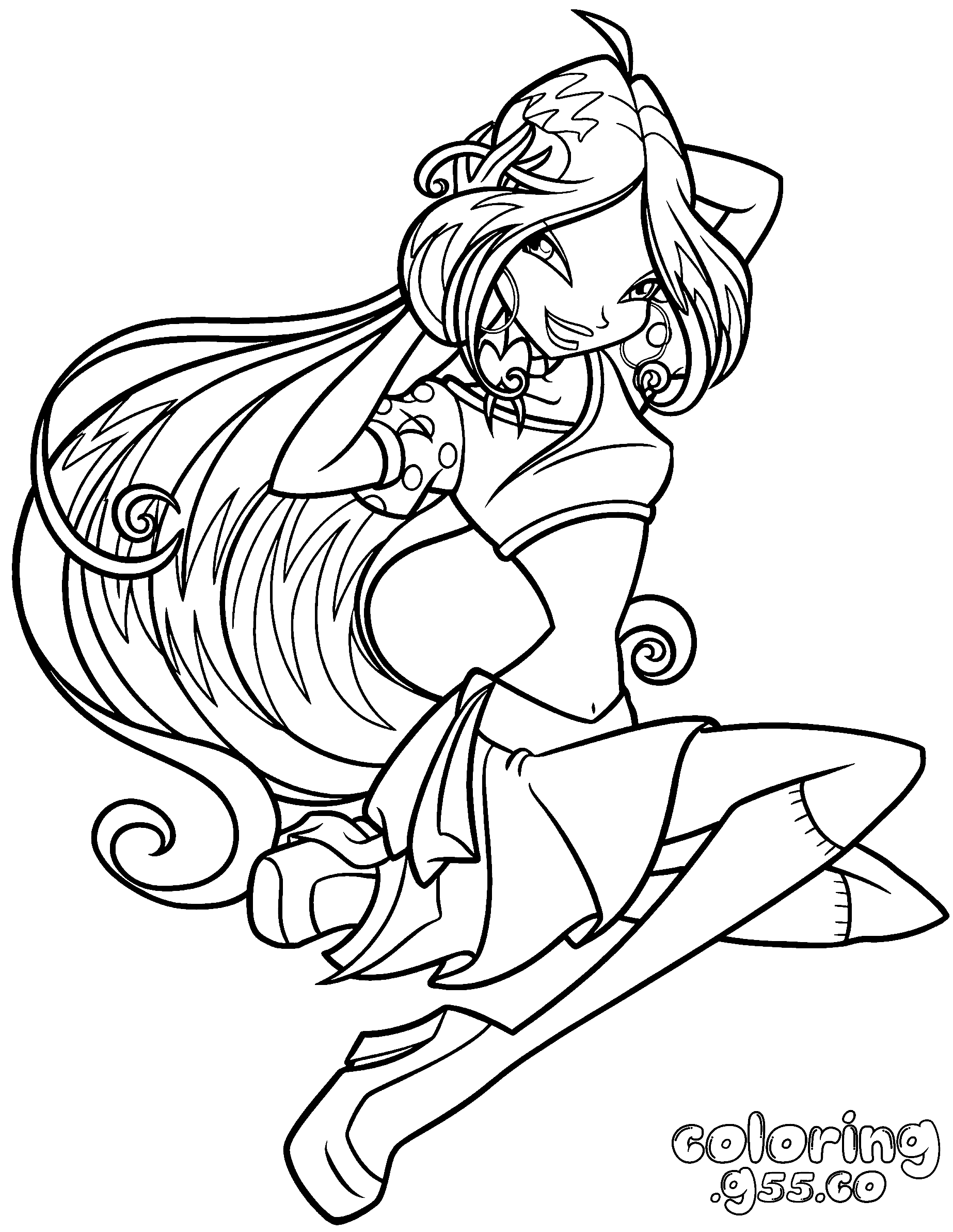 winx club flora playful sitting pose line arts for kids