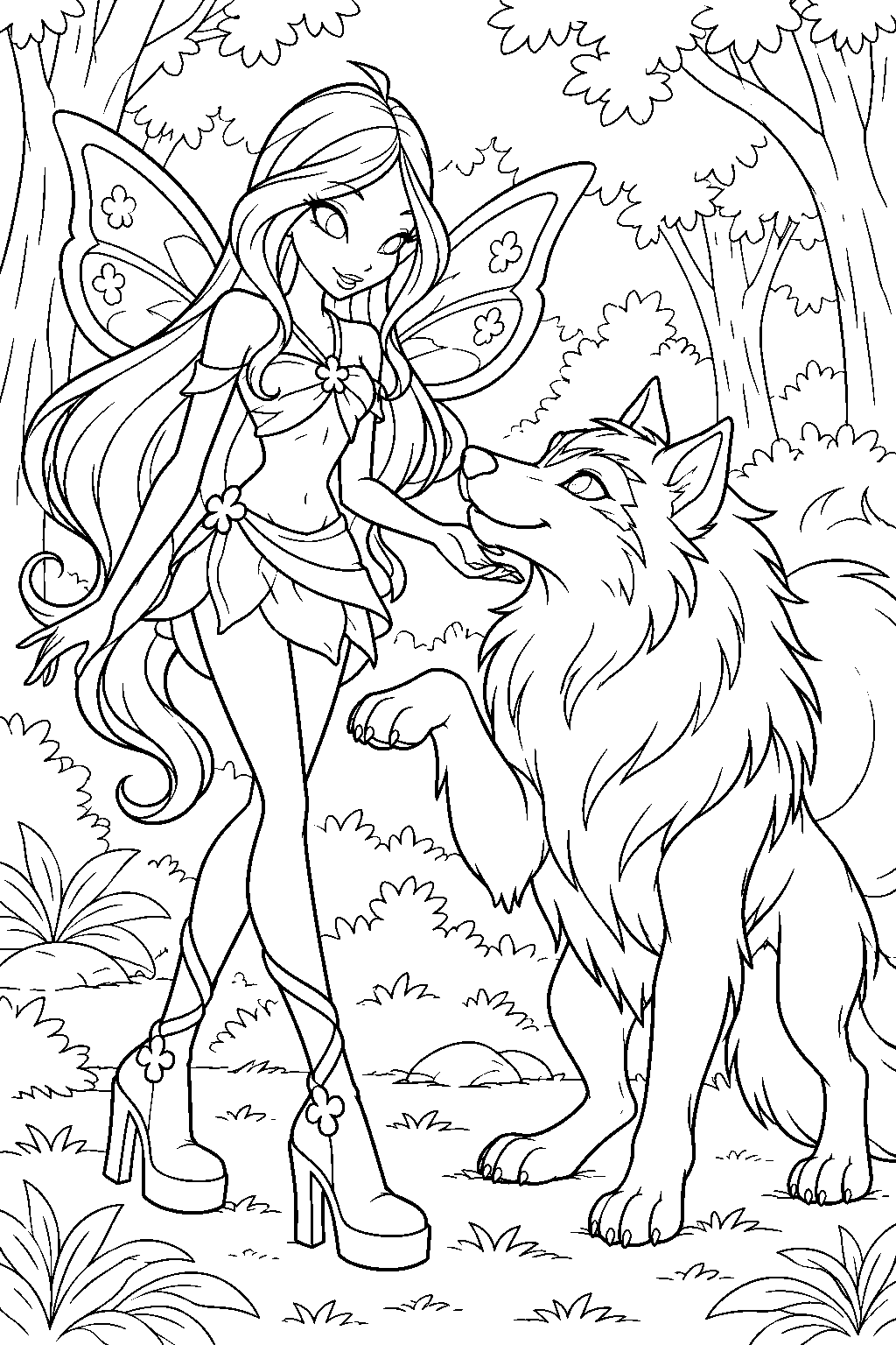 winx club flora playing with amarok the magiwolf in the lynphea forest line art
