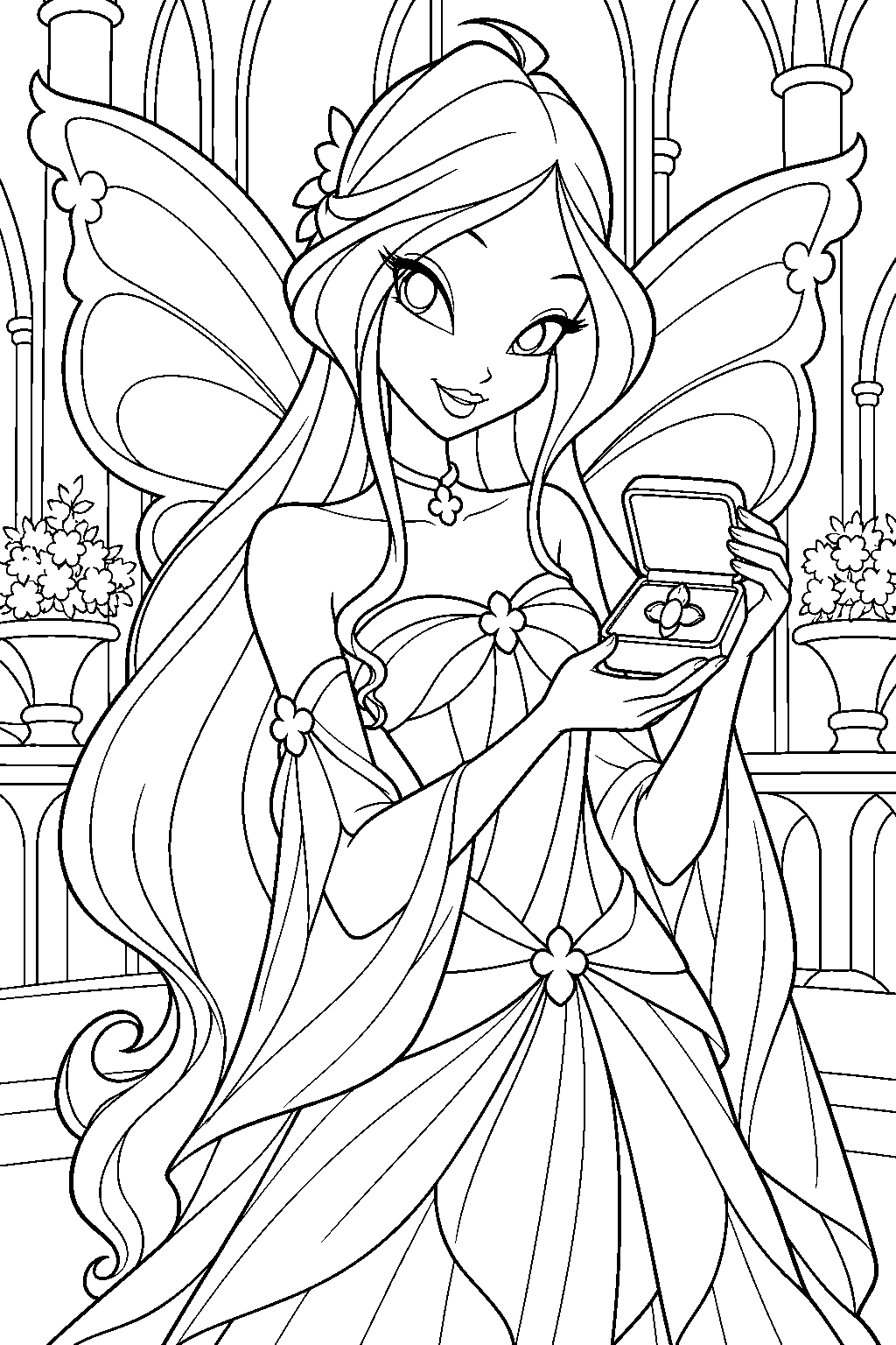 winx club flora receiving her diploma jewelry box at her alfea graduation line art