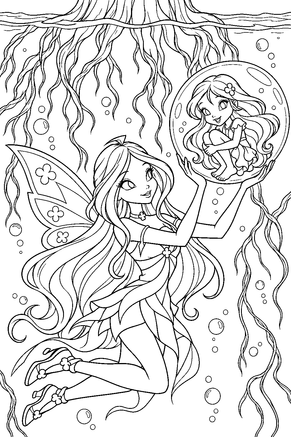 winx club flora rescuing miele in a magical bubble beneath the black willow line art