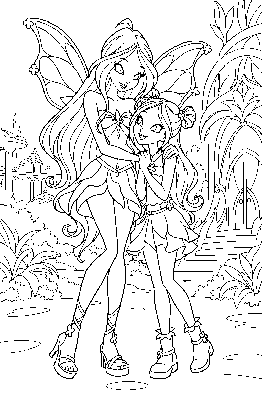 winx club flora reuniting with her younger sister miele outside their lynphea home line art