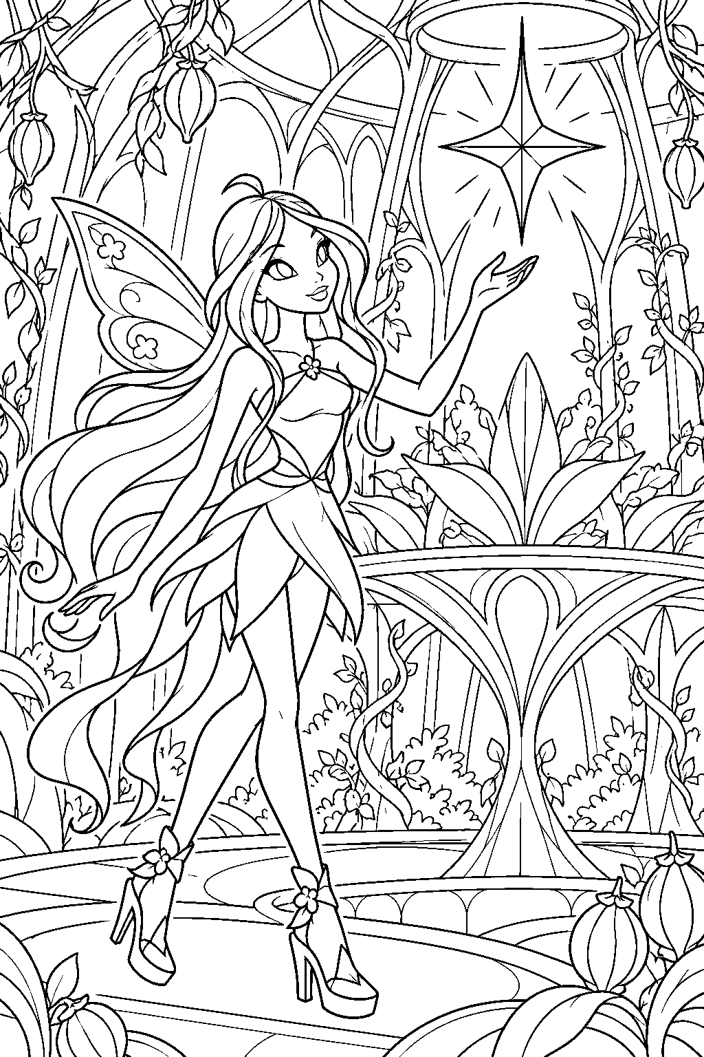 winx club flora searching for the prime star inside the green heart of lynphea line art
