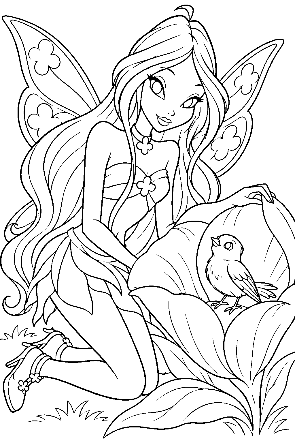 winx club flora sheltering a small bird inside a giant flower line art