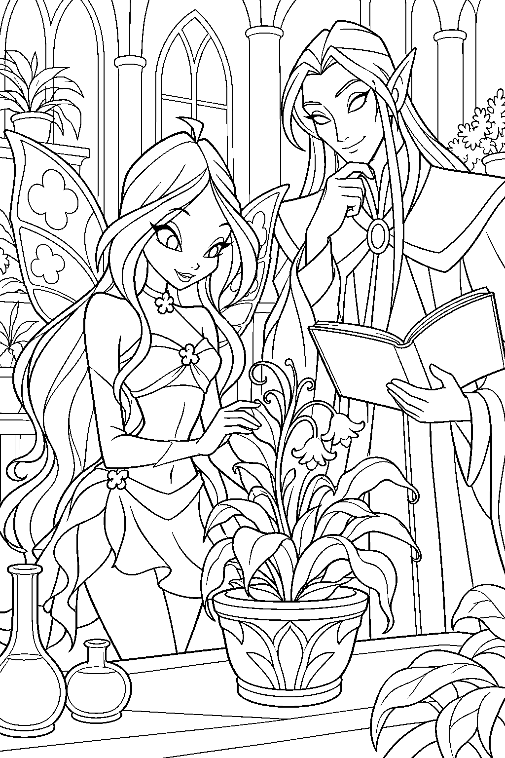 winx club flora studying plant magic with professor palladium line art