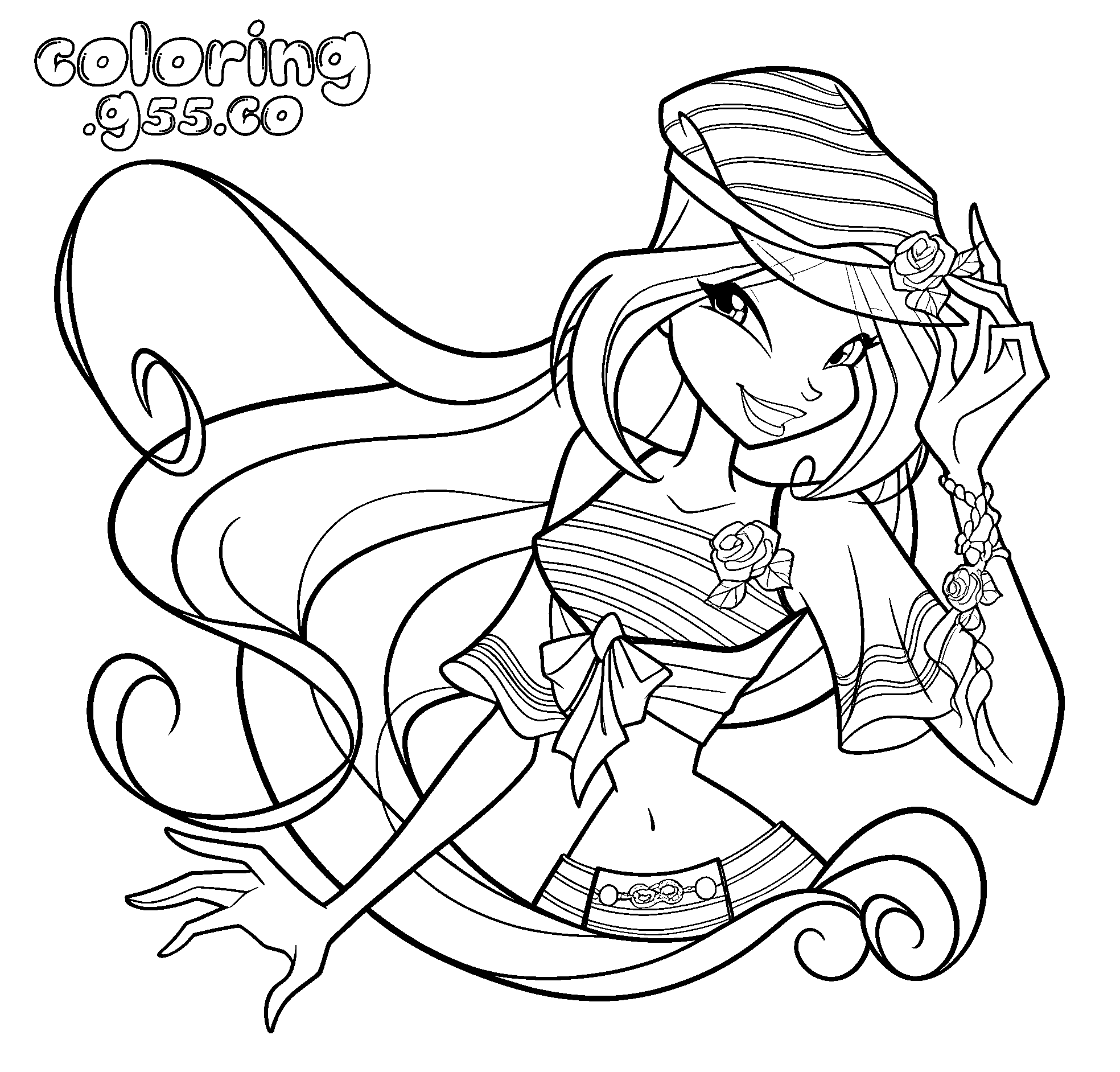 winx club flora summer hat line art for kids