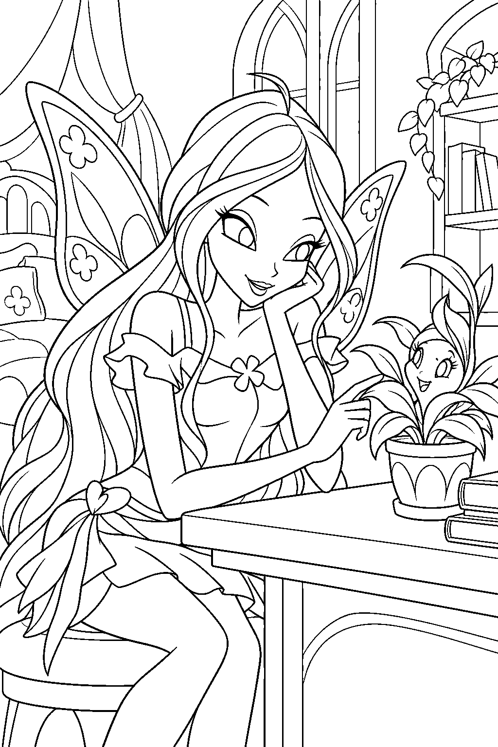 winx club flora talking to her animated potted plant in her alfea bedroom line art