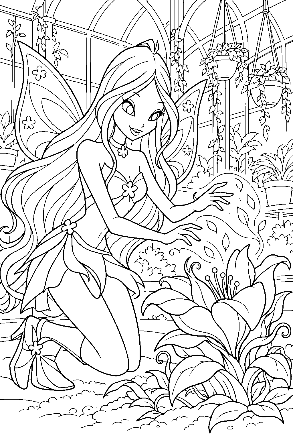 winx club flora turning the enchanted plant monsters in alfea s greenhouse back to normal line art