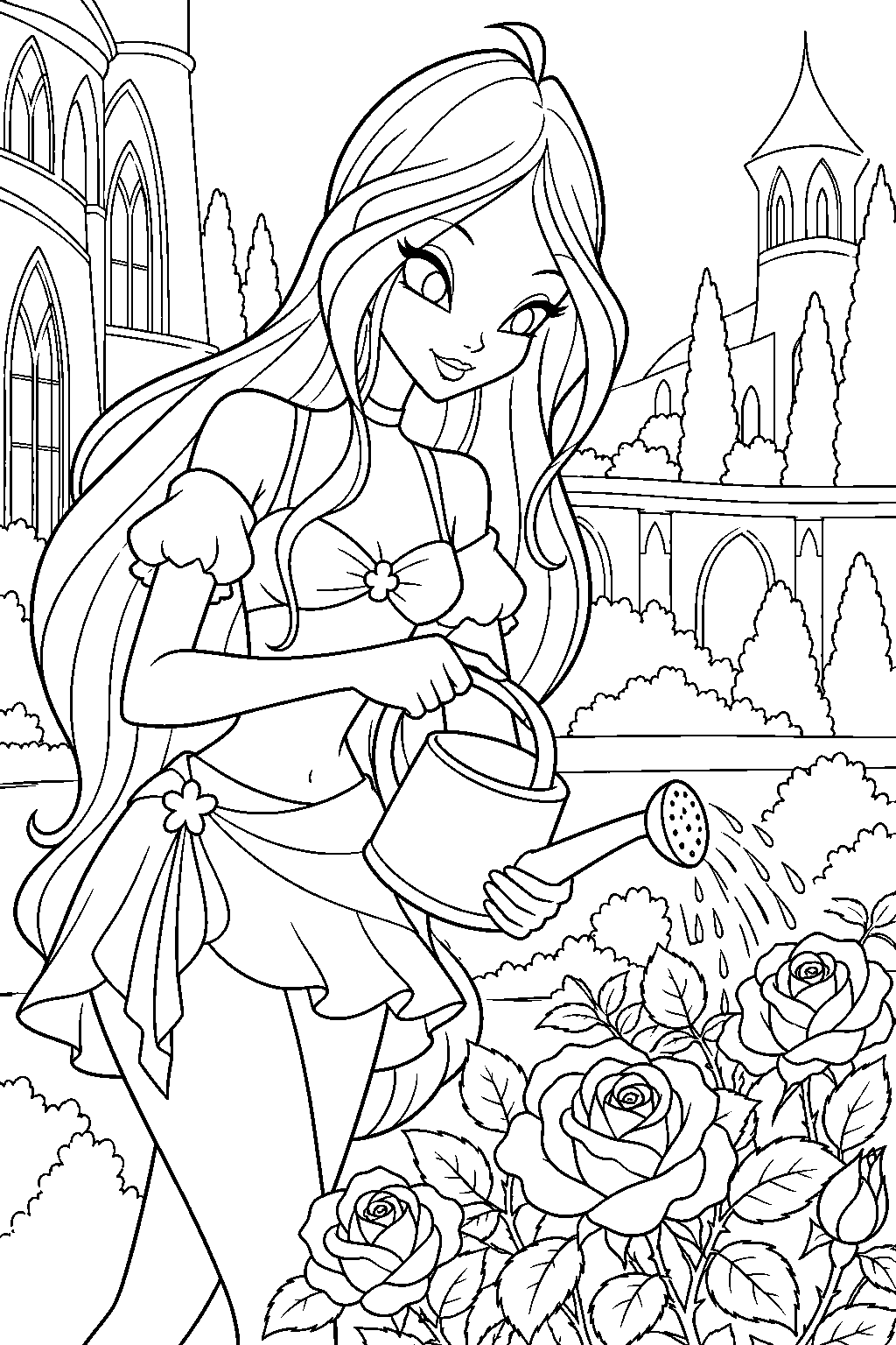 winx club flora watering roses in the alfea garden line art