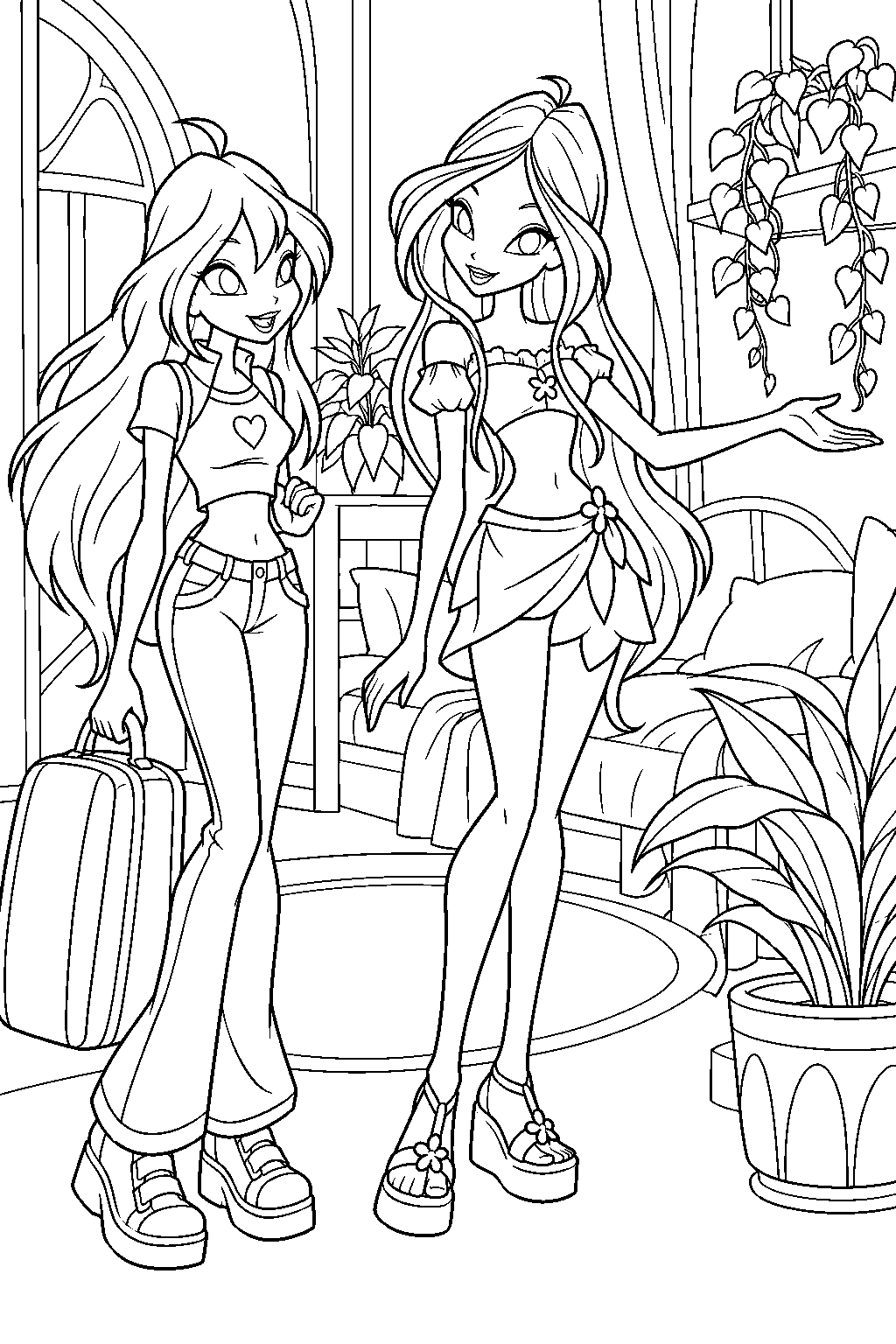 winx club flora welcoming bloom to their plant filled alfea bedroom line art