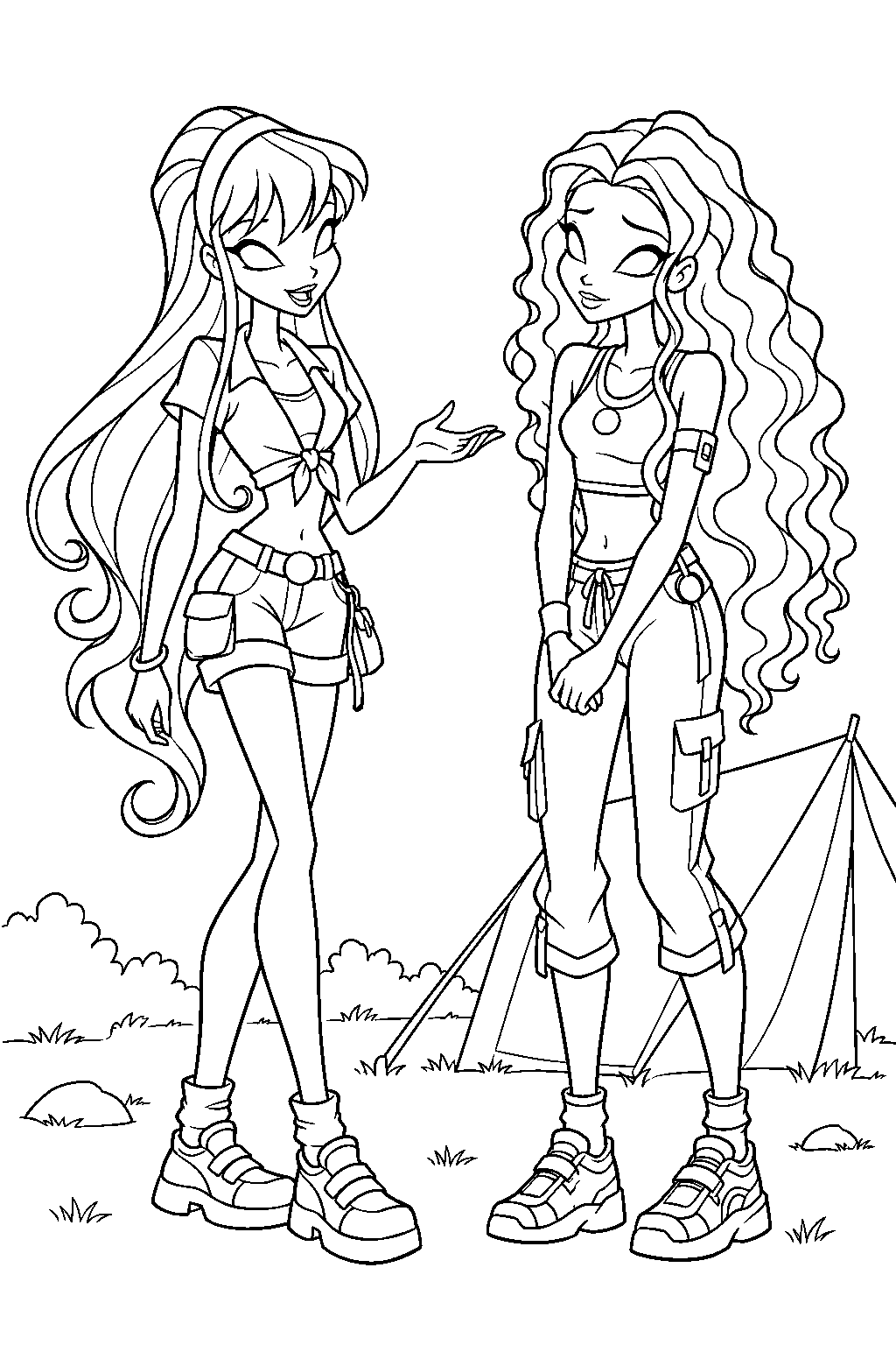 winx club stella apologizing to aisha beside the wildlands campsite line art