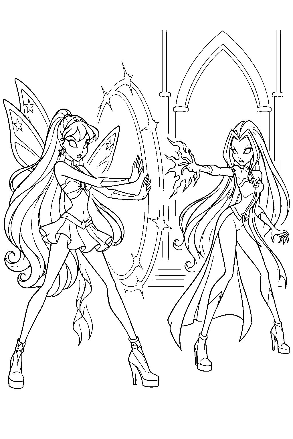 winx club stella casting a protective light shield against darcy outside alfea line art