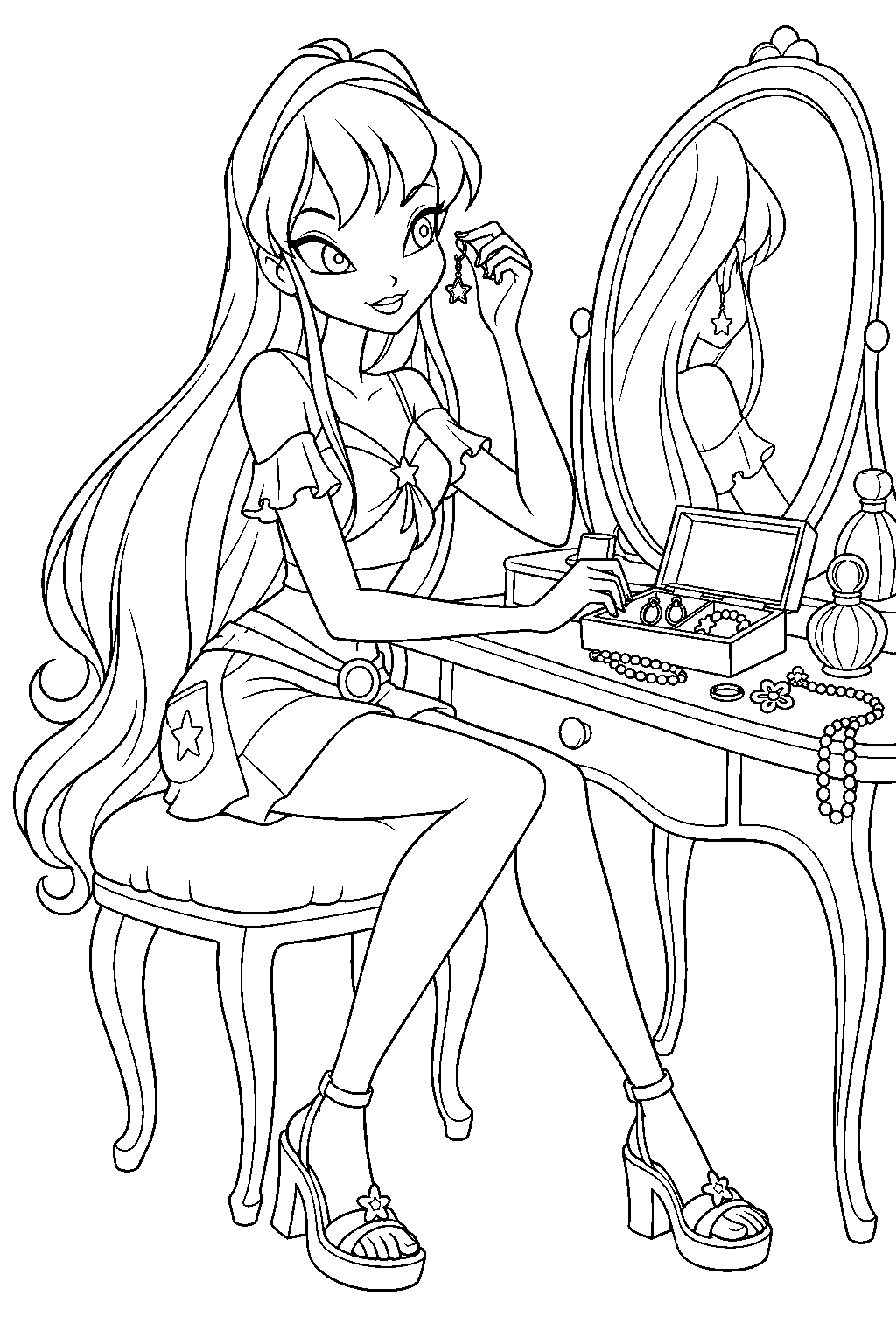 winx club stella choosing earrings at her jewelry covered dressing table line art