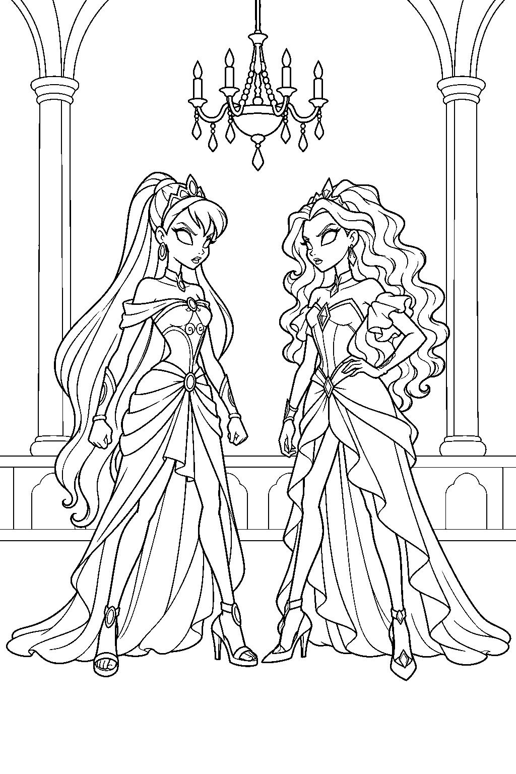 winx club stella confronting chimera beneath the chandeliers of solaria palace line art
