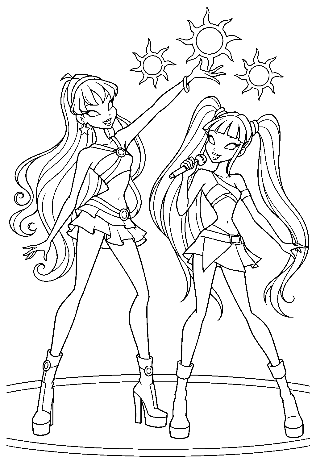 winx club stella creating sun shaped lights above musa during a concert line art