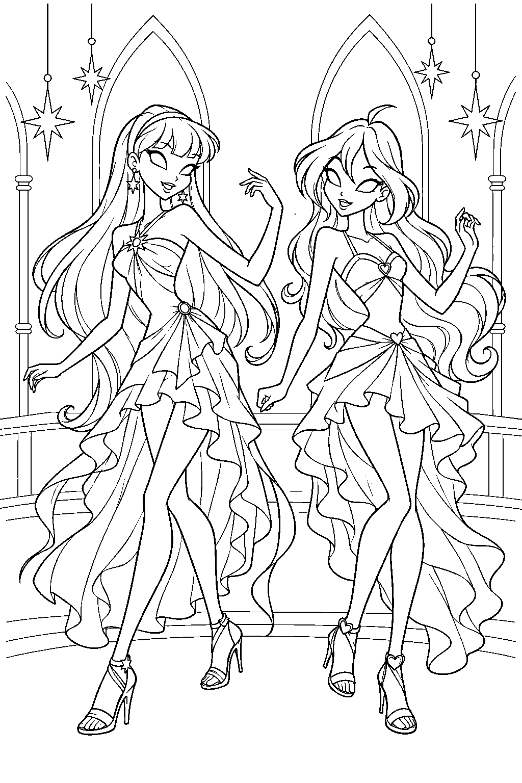winx club stella dancing with bloom at an alfea celebration line art
