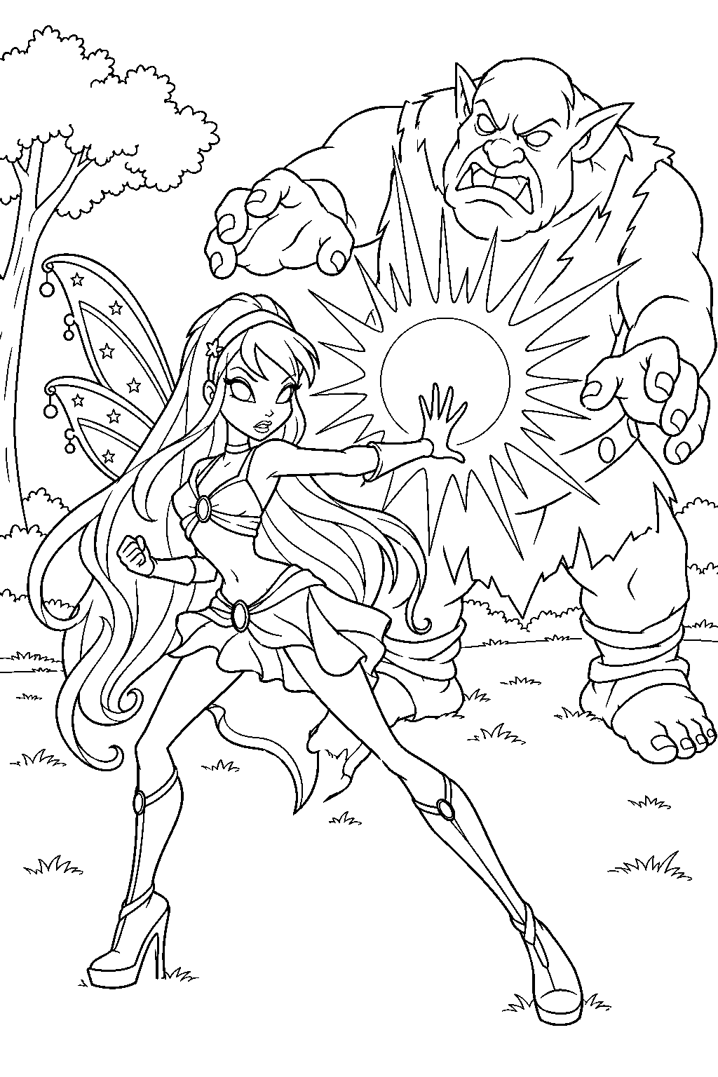 winx club stella fighting knut with a burst of sunlight in gardenia park line art