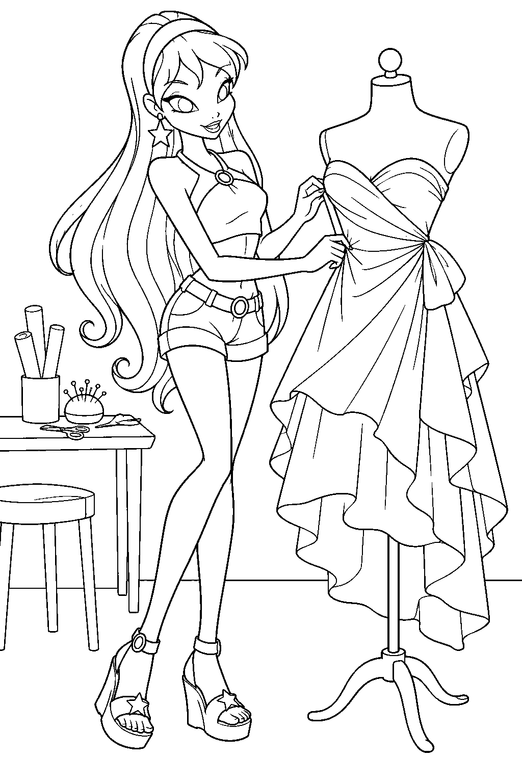 winx club stella fitting a handmade dress on a mannequin in her design studio line art