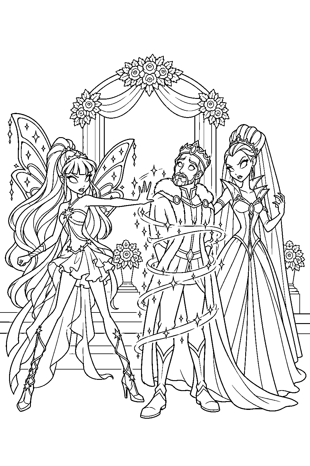 winx club stella ing king radius from cassandra at the royal wedding ceremony line art