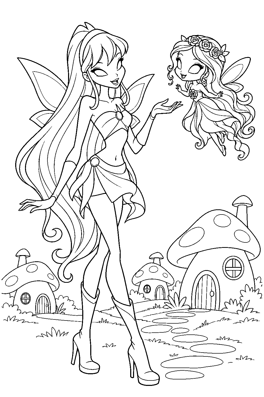 winx club stella greeting her bonded pixie amore in pixie village line art