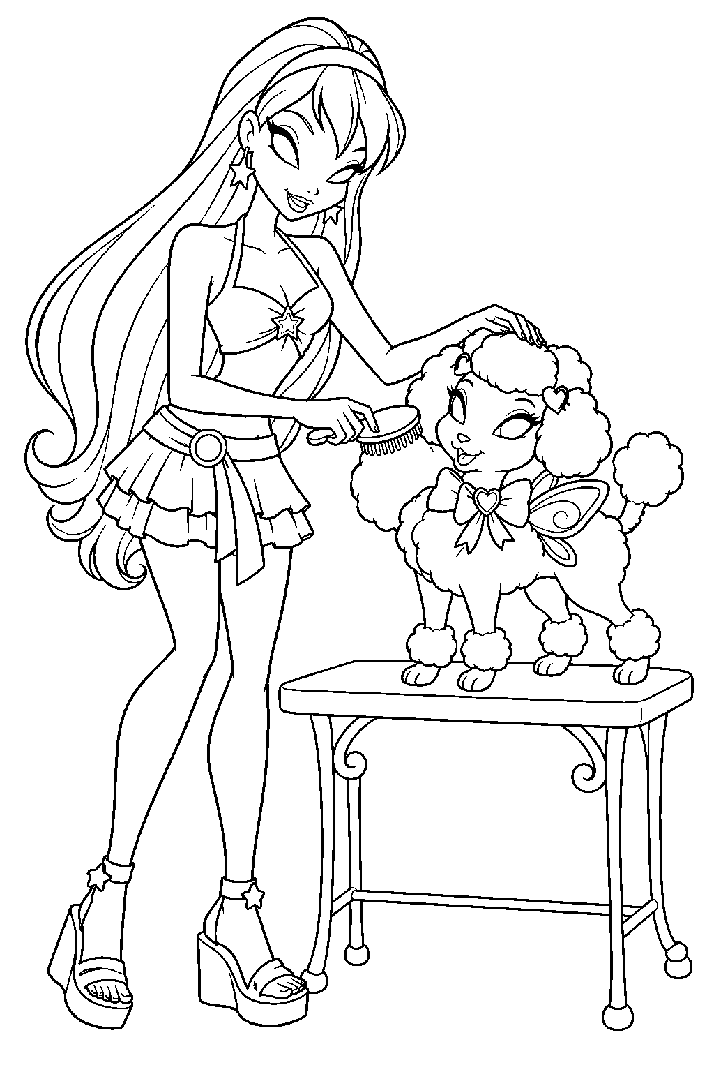 winx club stella grooming her fairy poodle ginger at the love and pet shop line art