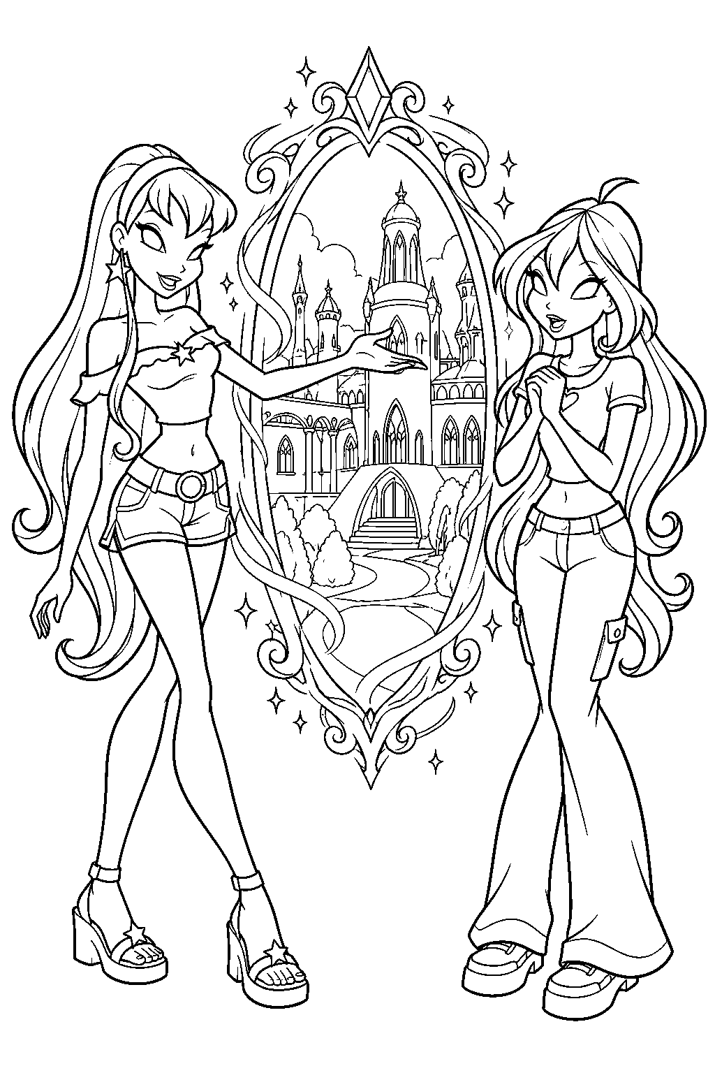 winx club stella guiding bloom through a magical picture portal to alfea line art