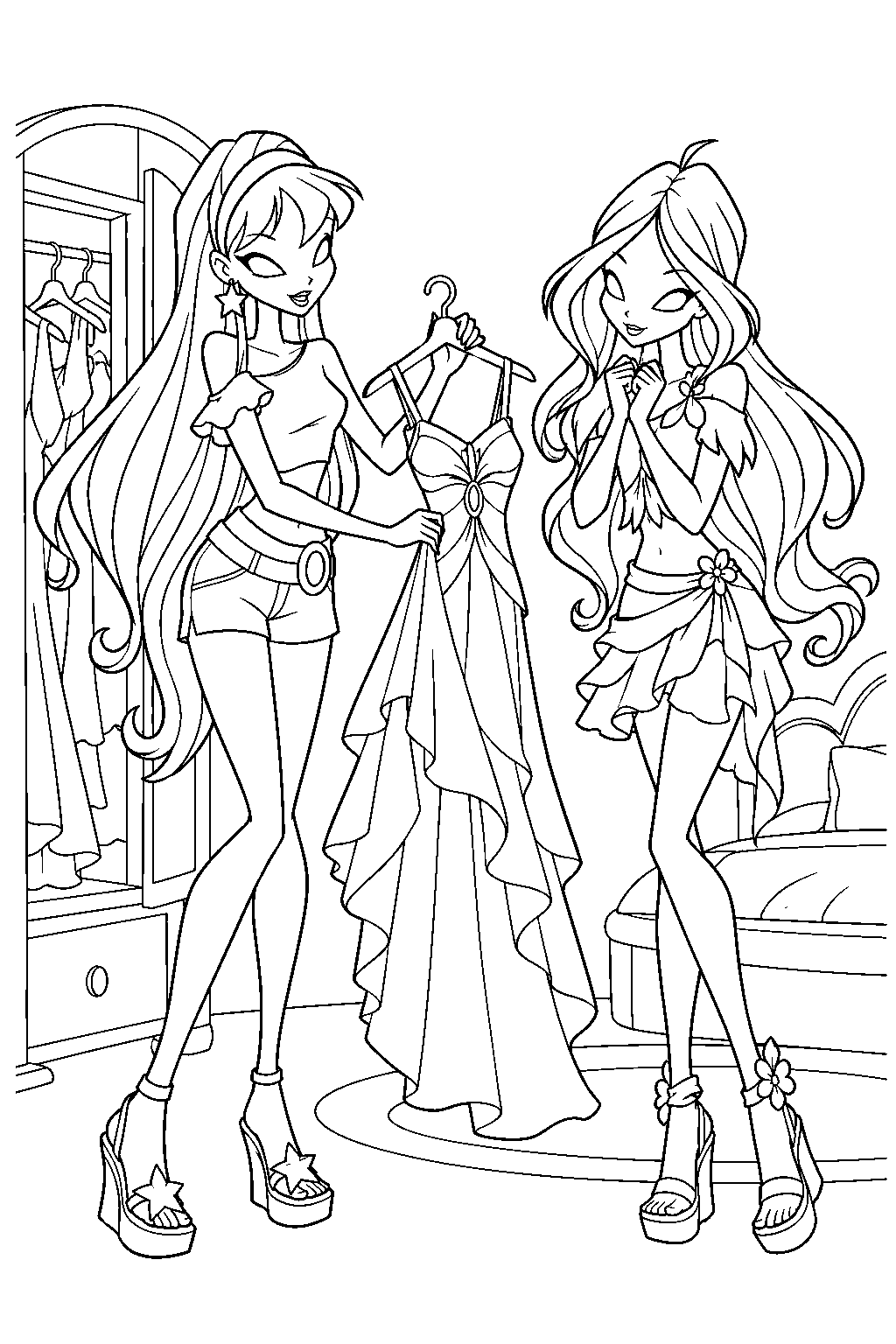 winx club stella helping flora choose a dress in their alfea bedroom line art