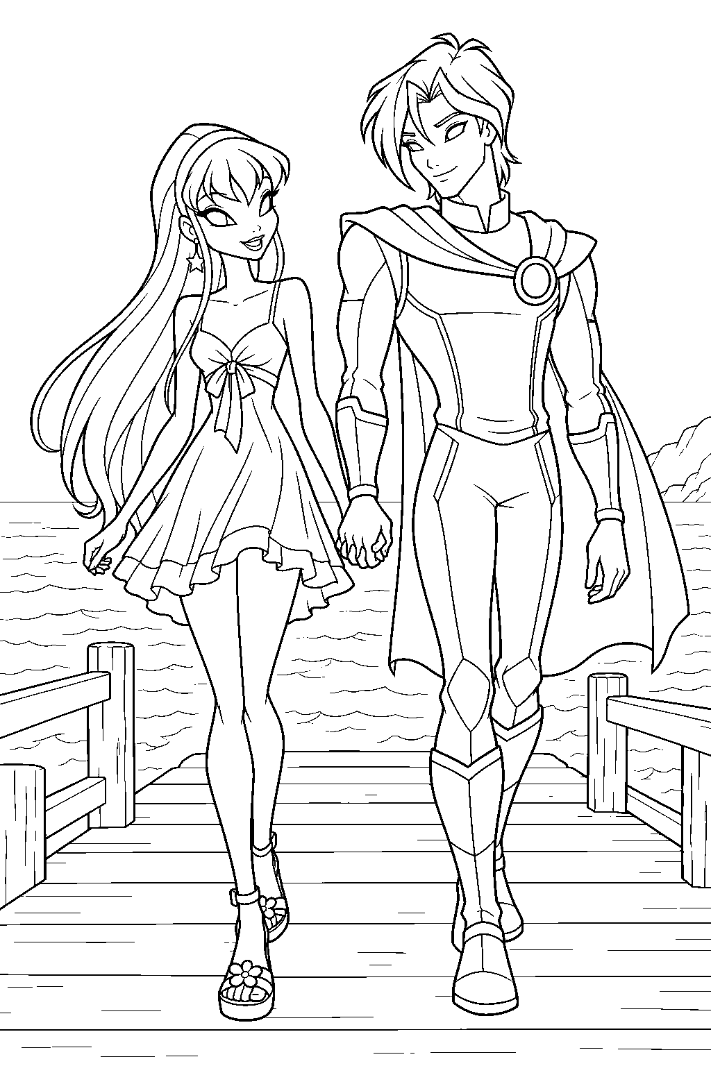 winx club stella holding hands with brandon on a seaside pier line art