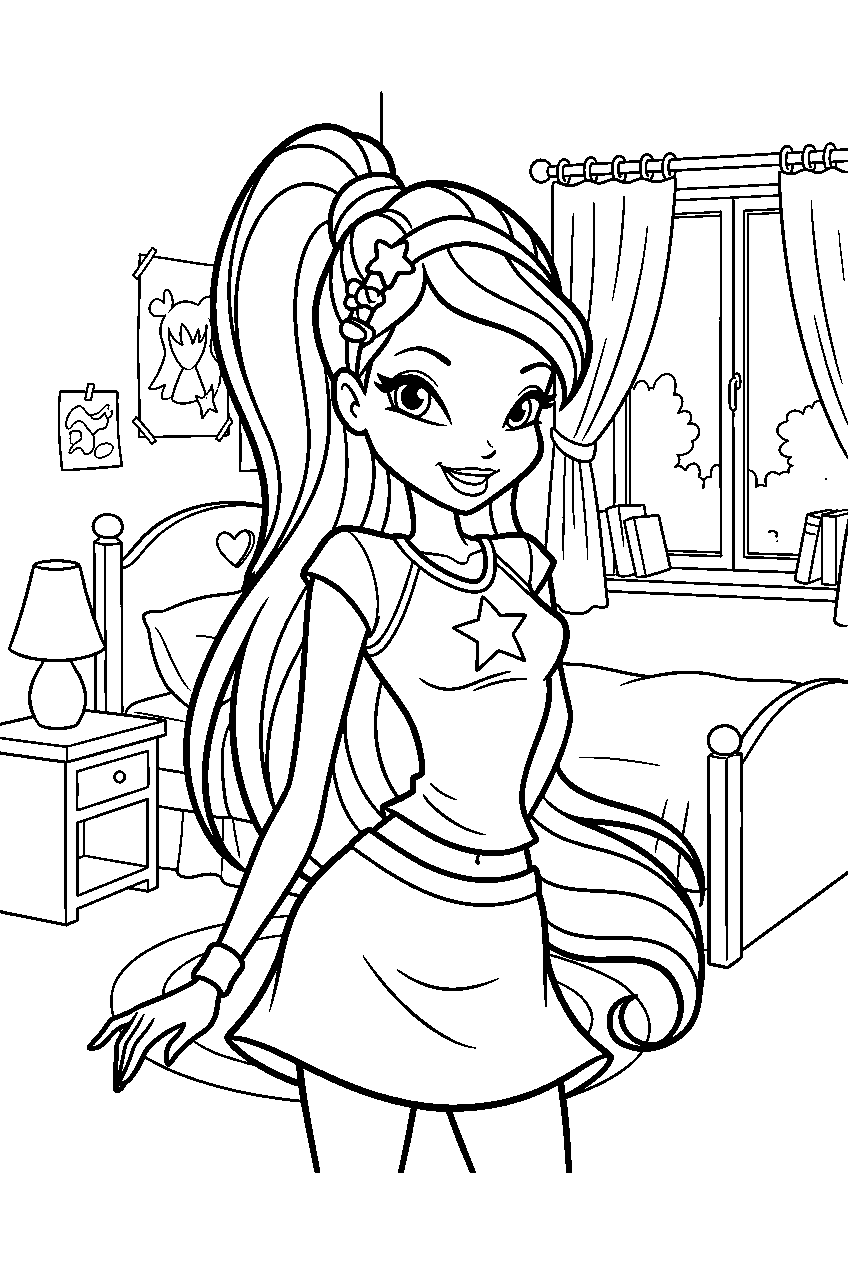 winx club stella in alfea dormitory line art