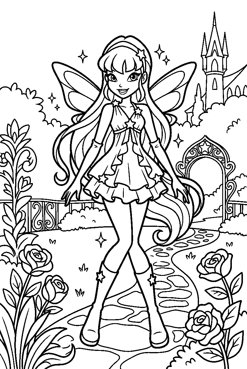 winx club stella in alfea garden line art